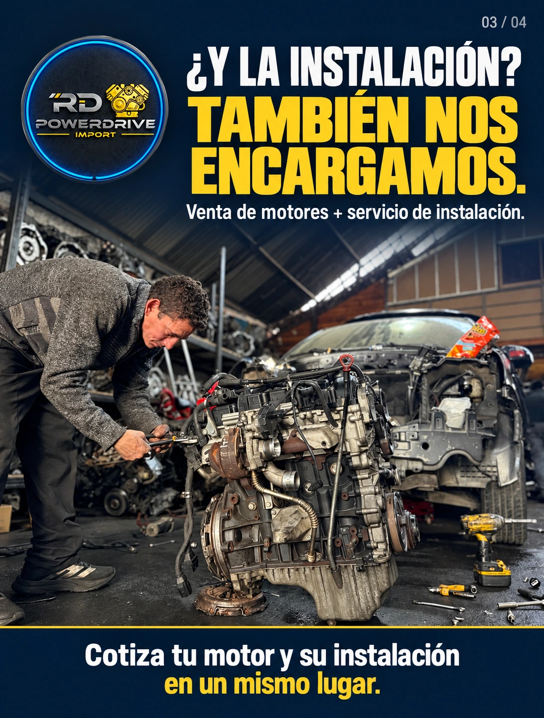 Lámina: ¿Y la instalación? También nos encargamos. Mecánico trabajando en un motor